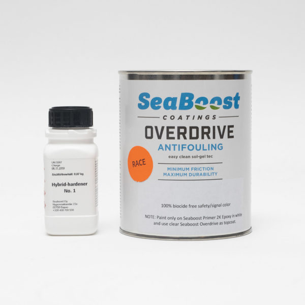 Seaboost Overdrive eco antifouling paint in fluorescent race red.