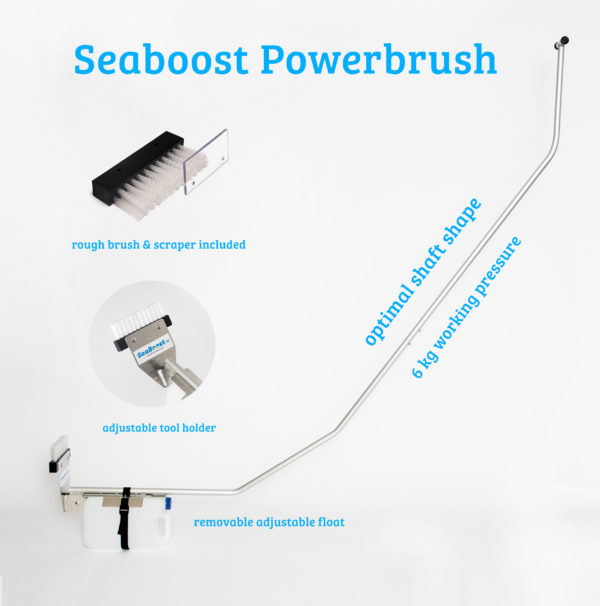 Seaboost Powerbrush boat hull brush cleans boat bottoms from all kind of fouling as algae and barnacles. Proven effect by several tests.