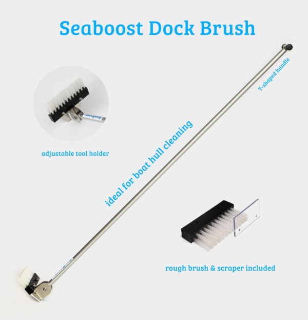 Seaboost Powerbrush Dock is best way to clean boat hull ashore and an ultimate tool for renovating old paint layers. Dock comes with a very coarse Original brush and a nylon Scraper that effectively removes barnacles.